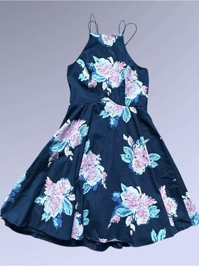 CHARLOTTE RUSSE Navy Blue Floral Halter Skater Dress Fit & Flare Mini Size Small